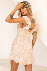 Thinkin' Bout You Ruffle Trim Waist-Tie Dress Floral Print Nude