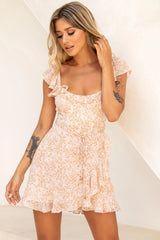 Thinkin' Bout You Ruffle Trim Waist-Tie Dress Floral Print Nude