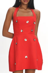 Hendrix Halterneck A-Line Mini Dress Sequin Flower Red