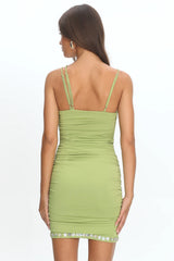 Denia Button Trim Ruched Mini Dress Green