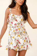 Stand By Me Frill Trim Tied Back Romper Botanic Print Beige
