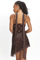 Anaisa Asymmetric Hem Mini Dress Polka Dot Chocolate