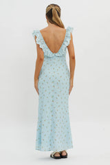 Merci Beaucoup Frill Neckline Maxi Dress Blue