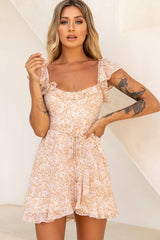 Thinkin' Bout You Ruffle Trim Waist-Tie Dress Floral Print Nude