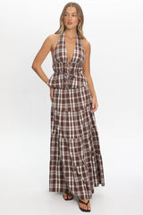 Admire Elasticated Maxi Skirt Plaid Chocolate