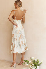 Suki Front Split Midi Dress Watercolor Paint Print Beige