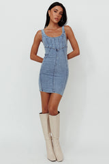 Laramy Low Back Mini Dress Washed Blue
