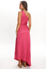 Amelie One-Shoulder Accordion Pleat Maxi Dress Floral Fuchsia