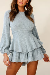 Talk About It Balloon Sleeve Open Back Knit Romper Grey