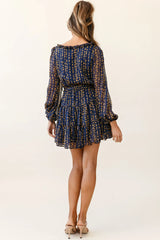 Floating On Clouds Long Sleeve Frill Trim Dress Floral Print Navy