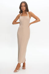 Goldfoil Halter Neck Maxi Dress Ecru