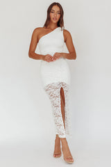 Lingering Love One-Shoulder Split Midi Dress Lace White