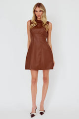 Opulent Sleeveless A-Line Mini Dress Faux Leather Brown