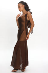 Gilded Dream Shoulder Detail Chiffon Hem Maxi Dress Chocolate