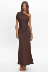 Mallorca Asymmetric Neckline Lace Maxi Dress Chocolate