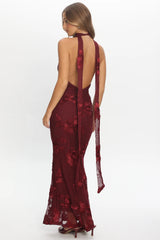 Cipriana Backless Halter Maxi Dress Embellished Wine