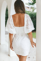 Good Vibes Puff Sleeve Deep V-Neckline Lace Mini Dress White