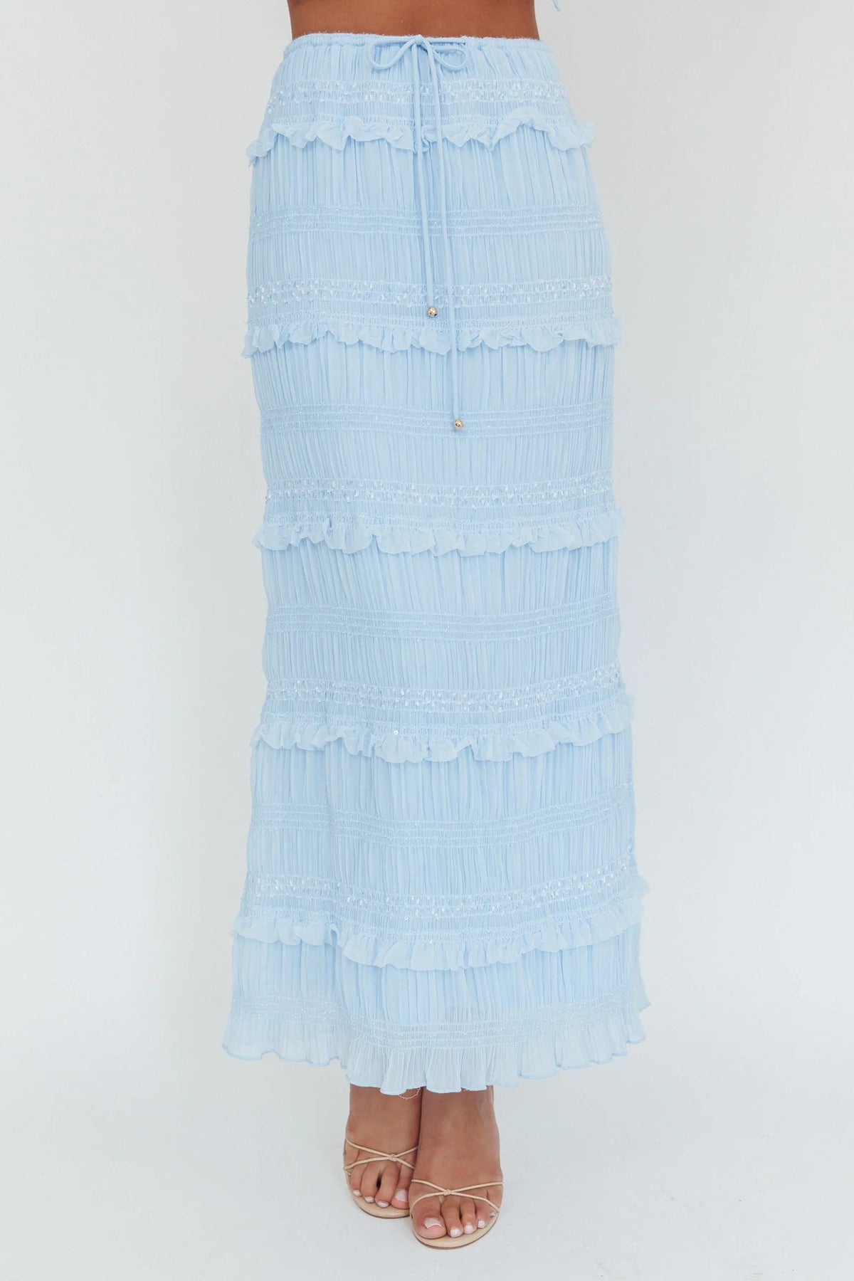 Helios Shirred Sequin Maxi Skirt Blue