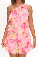 Arrabel Ruffle Trim One-Shoulder Mini Dress Floral Pink