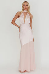 Italia Azure Halterneck Sheer Hem Maxi Dress Blush