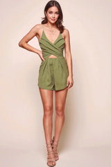 Jenner Thin Strap Cross Over Party Romper Olive