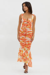 Nadia Ruched Fishtail Midi Dress Floral White
