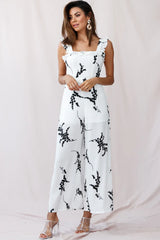 Azure Frill Strap Wide Leg Jumpsuit Floral Print White
