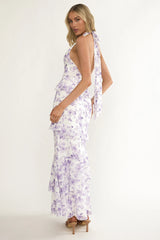 Cipriana Frill Trim Halter Maxi Dress Floral Purple