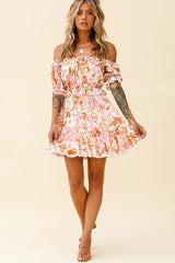 Sierra Bonita Off-Shoulder Drawstring Waist Dress Floral Print Pink Multi