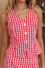 Philomena Button Front Vest Top Gingham Red
