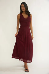 Cambrea Ruched Bodice Midi Dress Burgundy