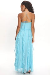 Cici Halterneck Ruffle Maxi Dress Aqua