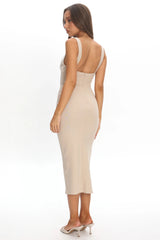 Sheena Square Neckline Side Split Midi Dress Beige