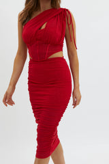 Maddisan Ruched Glitter Mesh Midi Skirt Red