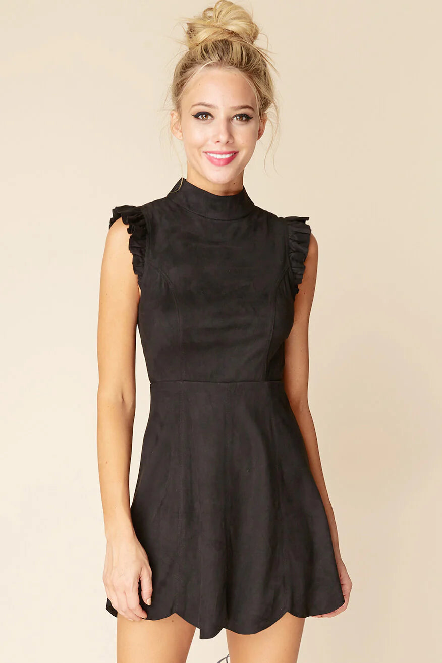 Kylie Ruffled Sleeve Suede Dress Black