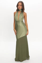 Italia Azure Halterneck Sheer Hem Maxi Dress Olive