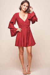 Bellini Tiered Ruffle Sleeve Dress Wine