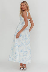 El Corazon Smocked Neckline Maxi Dress Print Blue