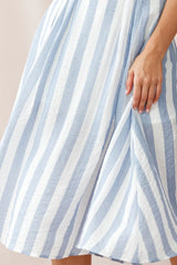 Crystal Tied Knot Belt Midi Dress Stripe Print Blue