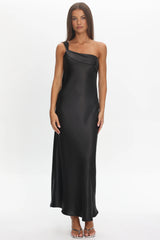 Carmel One-Shoulder Sash Maxi Dress Black