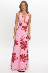 Lioren Plunging Halterneck Maxi Dress Floral Pink
