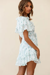 Aubrey Tied Bust Ruffle Trim Dress Floral Print Green