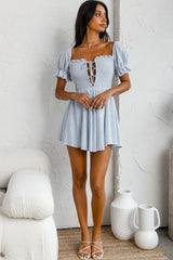 Buongiorno Bella Shirred Lace Up Bodice Mini Dress Blue